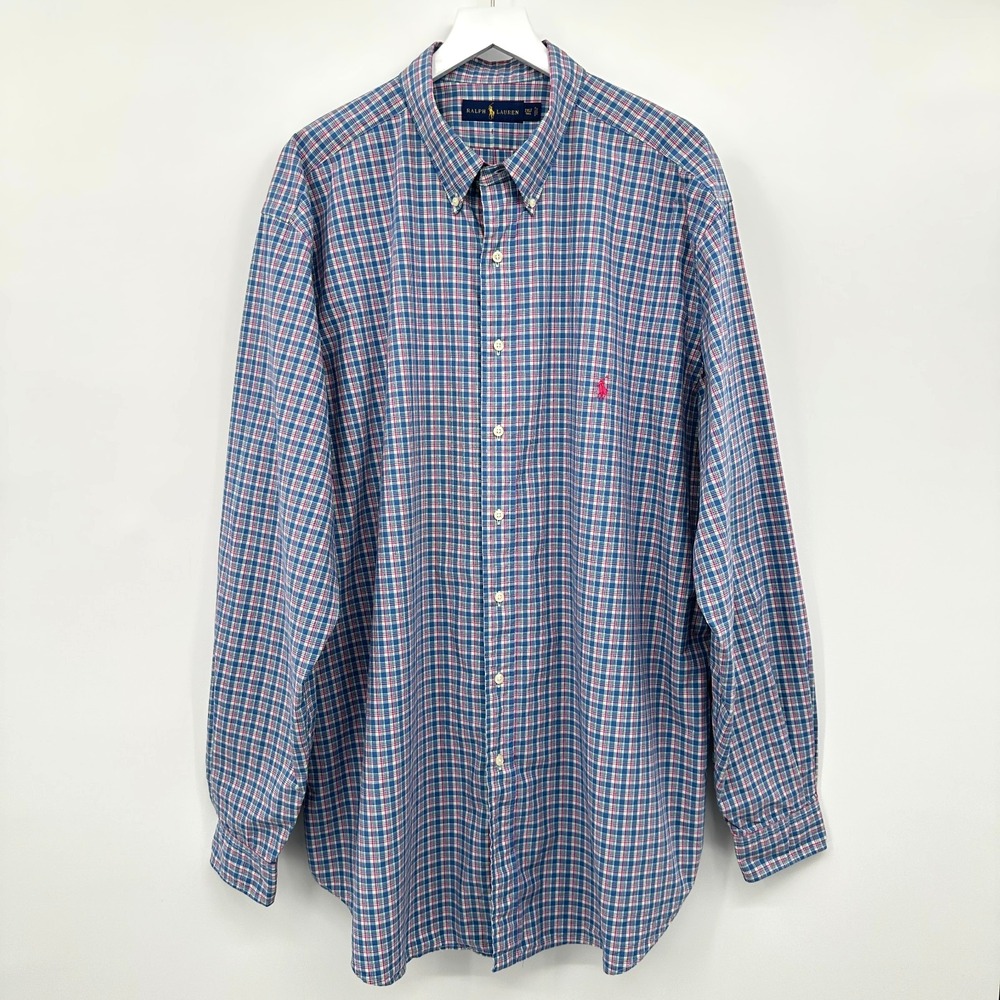 Ralph Lauren Shirt Mens Size 2XLT Tall Blue Pink Plaid Cotton Button Down Preppy
